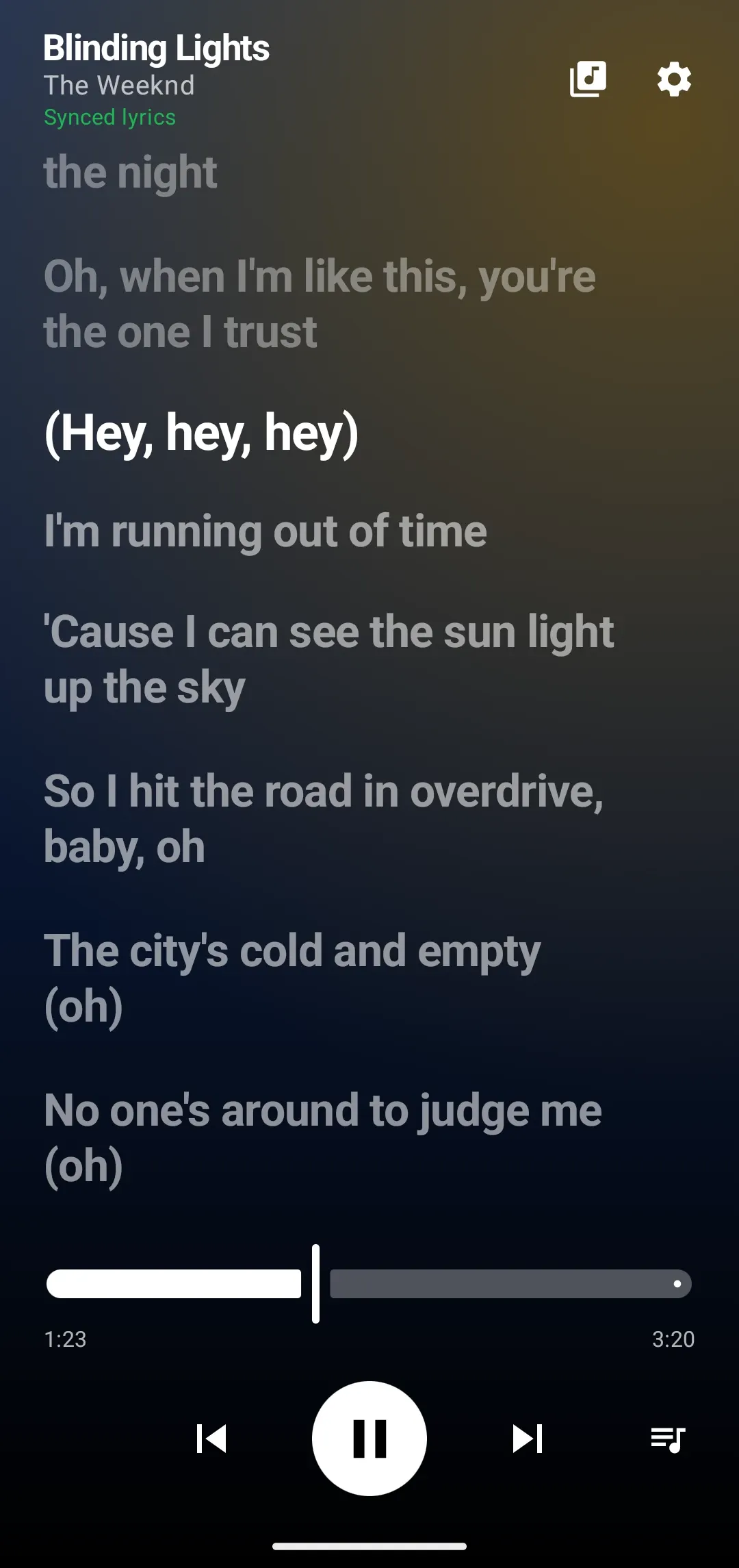 The CarLyrics home screen playing Blinding Lights by The Weeknd. The current lyric line is white and the lines around it are dimmed, over a gradient taken from the album cover, with a seek bar and player controls below.