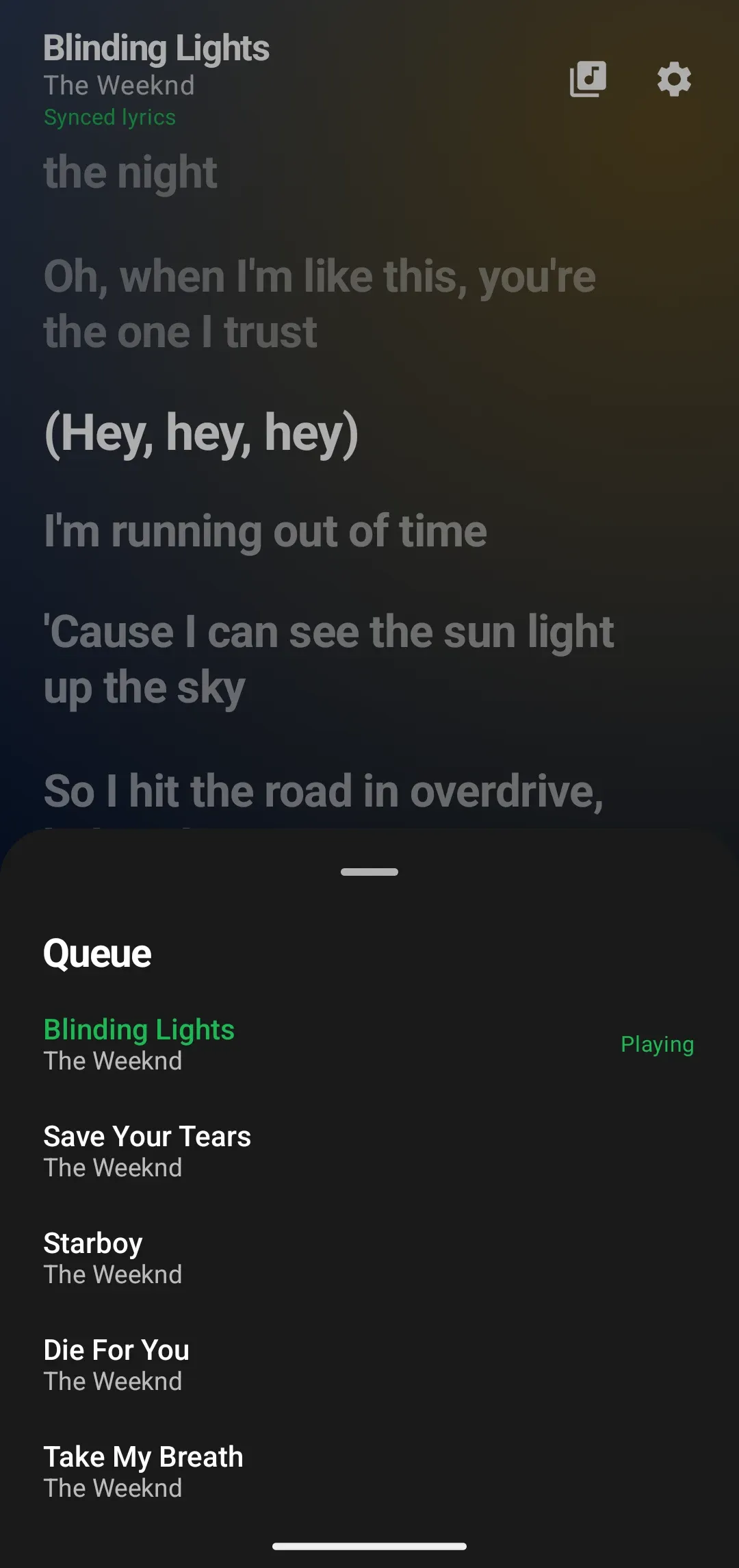 A Queue sheet listing five songs by The Weeknd, with Blinding Lights marked as playing.
