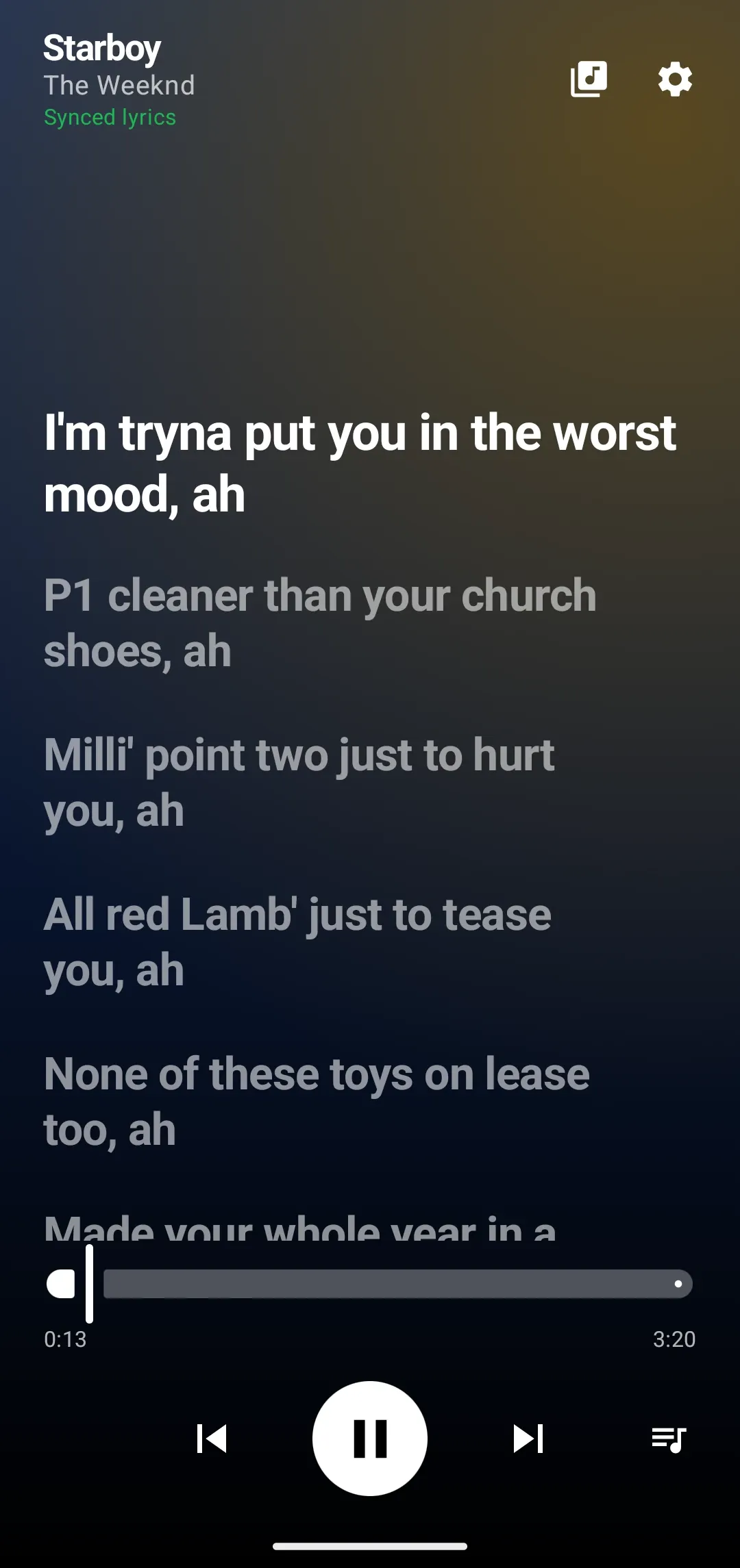 The start of Starboy by The Weeknd, with the first lyric line in white, the seek bar at 0:13 of 3:20 and the player controls.