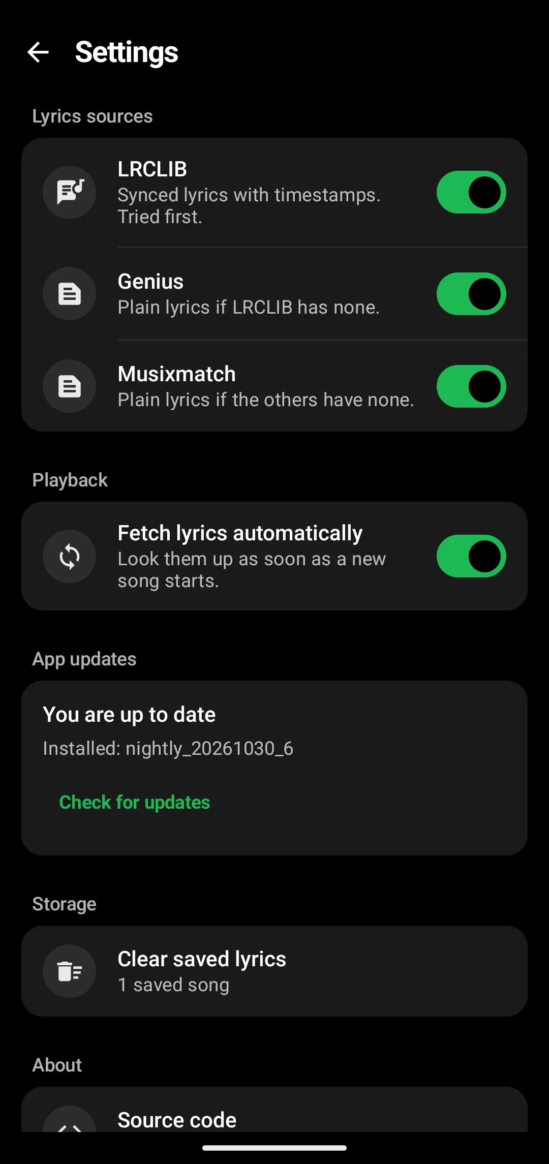 The Settings screen with grouped panels for lyrics sources and playback, an app updates panel reading You are up to date, and a storage panel with a clear saved lyrics action.